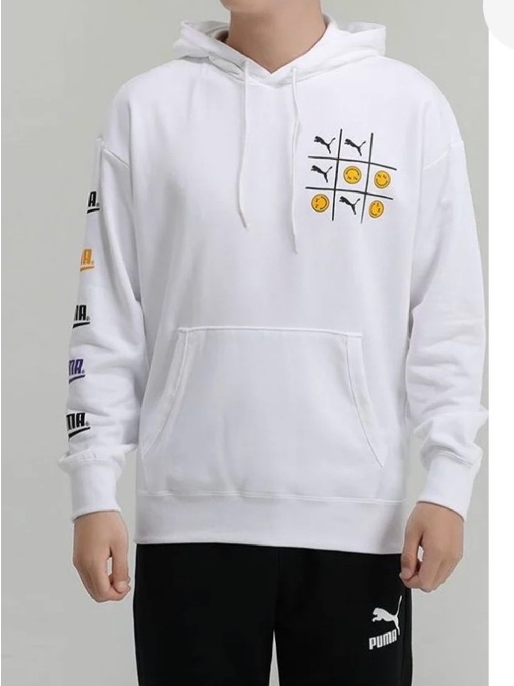 Men’s L - Puma White Hoodie with Yellow Smiley Tic-Tac-Toe Graphic - mid weight